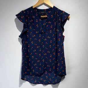 Lipslide Navy Blue Cherry Print Split Neck Ruffle Blouse